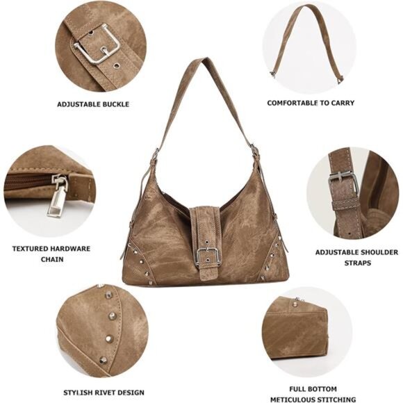 Hobo Bags for Women Retro Rivet Shoulder Handbag Vegan Leather Underarm Purse - Picture 5 of 6